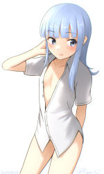 Rule 34 | 1girl, blue hair, blunt bangs, collared shirt, contrapposto, dress shirt, flat chest, grey eyes, hatsukaze (kancolle), kantai collection, long hair, looking at viewer, one-hour drawing challenge, open clothes, open shirt, ray.s, shirt, solo, standing, white shirt