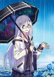 Rule 34 | 1girl, bag, black skirt, day, echj, girls&#039; frontline, hair ornament, hairclip, hands up, hk416 (girls&#039; frontline), holding, holding umbrella, hood, hoodie, long hair, looking at viewer, open clothes, open hoodie, open mouth, outdoors, plaid, plaid skirt, pleated skirt, rain, shoulder bag, skirt, smile, solo, teardrop, teeth, tote bag, umbrella, white hair, x hair ornament