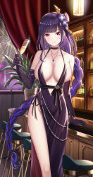 Rule 34 | 1girl, absurdres, alternate costume, bare shoulders, blush, braid, breasts, center opening, champagne flute, choker, closed mouth, cocktail dress, cup, dress, drink, drinking glass, elbow gloves, flan (f l an), genshin impact, glint, gloves, groin, hair ornament, halter dress, halterneck, highleg, highleg panties, highres, holding, holding drink, indoors, large breasts, long hair, looking at viewer, low-braided long hair, low-tied long hair, navel, panties, panty straps, purple dress, purple eyes, purple hair, raiden shogun, side slit, single bare leg, single braid, smile, standing, string panties, underwear, very long hair