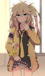 Rule 34 | 1girl, antenna hair, bandaid, black shirt, blue eyes, blush, blush stickers, brown hair, cardigan, clothes lift, collarbone, collared shirt, dot nose, feet out of frame, female focus, fingernails, grin, hair between eyes, highres, indoors, jewelry, kasukabe tsumugi, lifted by self, long hair, long sleeves, looking at viewer, loose necktie, messy hair, miriota, nail polish, necklace, necktie, open cardigan, open clothes, oversized clothes, panties, plaid, plaid skirt, scrunchie, shirt, side ponytail, skirt, skirt lift, smile, smug, solo, star (symbol), striped clothes, striped panties, teasing, teeth, underwear, voicevox, wavy hair, white panties, window, wrist scrunchie, yellow cardigan, yellow necktie, yellow panties