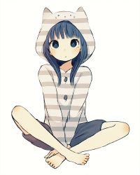 Rule 34 | 1girl, animal hood, ayu (mog), bad id, bad pixiv id, blue eyes, blue hair, cat hood, copyright request, female focus, full body, hood, indian style, long hair, looking at viewer, matching hair/eyes, simple background, sitting, solo, striped, white background