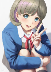 Rule 34 | 1girl, bad id, bad pixiv id, black socks, blazer, blue eyes, blue jacket, blush, commentary, cropped jacket, dress, grey dress, highres, hugging own legs, jacket, kneehighs, light brown hair, long sleeves, looking at viewer, love live!, love live! superstar!!, lower teeth only, neck ribbon, open clothes, open jacket, open mouth, papi (papiron100), pinafore dress, red ribbon, ribbon, school uniform, short hair, simple background, sitting, sleeveless dress, smile, socks, solo, tang keke, teeth, v, white background, yuigaoka school uniform