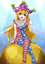 Rule 34 | 1girl, :d, alternate legwear, american flag dress, american flag legwear, armpits, blonde hair, clownpiece, drawing on another&#039;s face, eyeliner, eyeshadow, facial mark, fairy wings, feet, hat, highres, jester cap, long hair, makeup, monrooru, no shoes, open mouth, purple eyes, sitting, sleeveless, smile, solo, sparkle, striped clothes, striped thighhighs, thighhighs, touhou, tucking hair, very long hair, wings
