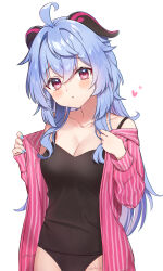 Rule 34 | 1girl, ahoge, artist name, bare shoulders, black panties, black tank top, blue hair, blue nails, blush, breasts, chromatic aberration, cleavage, collarbone, commentary request, ganyu (genshin impact), genshin impact, harupipipi4, heart, highres, horns, long hair, looking at viewer, medium breasts, open clothes, open shirt, panties, purple eyes, sidelocks, solo, spaghetti strap, tank top, underwear, undressing, white background