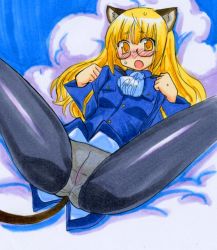 Rule 34 | 1girl, animal ears, blonde hair, blush, cat ears, cat tail, crotch seam, glasses, kikuta, long hair, panties, panties under pantyhose, pantyhose, perrine h. clostermann, solo, strike witches, tail, underwear, uniform, world witches series, yellow eyes
