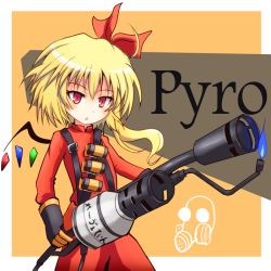 Rule 34 | 1girl, bad id, bad pixiv id, blonde hair, cosplay, dress, embodiment of scarlet devil, explosive, female focus, flamethrower, flandre scarlet, gas mask, gloves, grenade, hair ribbon, mask, pyro (tf2), red dress, red eyes, red pyro (tf2), ribbon, side ponytail, solo, sumapan, team fortress 2, the pyro (cosplay), touhou, translation request, weapon, wings