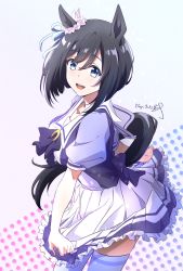 Rule 34 | 1girl, :d, animal ears, black hair, blue eyes, bow, breasts, dated, dot nose, eishin flash (umamusume), frills, hair ribbon, highres, horse ears, horse girl, horse tail, looking at viewer, medium breasts, nii manabu, open mouth, purple bow, ribbon, sailor collar, scrunchie, short hair, short sleeves, signature, skirt hold, smile, solo, tail, teeth, thighhighs, umamusume, upper teeth only