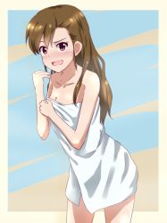 Rule 34 | 1girl, bad id, bad pixiv id, breasts, brown eyes, brown hair, cleavage, collarbone, dars (recolors), futami mami, idolmaster, idolmaster (classic), long hair, looking at viewer, naked towel, open mouth, small breasts, solo, towel