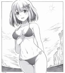 Rule 34 | 1girl, alternate costume, bikini, gluteal fold, greyscale, h2 (h20000000), haguro (kancolle), hair between eyes, hair ornament, hand on own chest, kantai collection, looking at viewer, monochrome, navel, o-ring, o-ring bikini, ocean, open mouth, outdoors, short hair, solo, sun, swimsuit, thigh gap