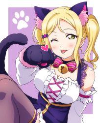 Rule 34 | 1girl, absurdres, animal ears, animal hands, bell, birthday, blonde hair, blush, breasts, cat ears, cat tail, cleavage, commentary, detached sleeves, earrings, gloves, hair ribbon, heart, highres, jewelry, jingle bell, kougi hiroshi, large breasts, looking at viewer, love live!, love live! sunshine!!, medium hair, ohara mari, one eye closed, paw gloves, paw print, purple background, ribbon, sidelocks, solo, tail, thighhighs, tongue, tongue out, twintails, two-tone background, white background, yellow eyes