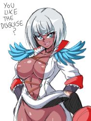 Rule 34 | 1boy, 1girl, areola slip, blue eyes, breasts, cleavage, dante (devil may cry), dark-skinned female, dark skin, devil may cry, devil may cry (series), devil may cry 4, feather trim, gloria (devil may cry), highres, large breasts, lewdamone, navel, no panties, out-of-frame censoring, short hair, smile, solo focus, white hair