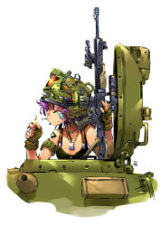 Rule 34 | 1girl, andrewcockroach, arm strap, bandaid, bandaid on cheek, bandaid on face, black eyes, black nails, breasts, camouflage, camouflage headwear, cigarette, cleavage, dog tags, fingerless gloves, fingernails, gloves, green gloves, gun, helmet, holding, holding gun, holding weapon, lighter, military, military vehicle, motor vehicle, mouth hold, nail polish, original, profile, purple hair, rifle, short hair, simple background, smoking, sniper rifle, solo, tank, tank top, weapon, white background