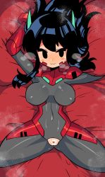 Rule 34 | 1girl, absurdres, asta rindo (rariatto), bar censor, black eyes, black hair, blush, blush stickers, bodysuit, breasts, censored, closed mouth, covered navel, full-face blush, gloves, grey bodysuit, hands up, highres, long hair, looking at viewer, lying, medium breasts, on back, original, pussy, pussy cutout, rariatto (ganguri), red gloves, robot ears, seductive smile, smile, solo, spread legs, steaming body