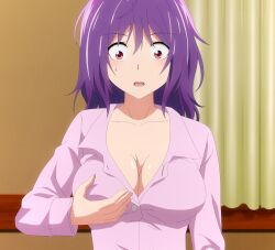 Rule 34 | 1girl, aoba yuzuki, breasts, cleavage, grabbing own breast, large breasts, purple hair, red eyes, screencap, stitched, temple (series), third-party edit