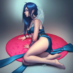 Rule 34 | 1girl, alternate costume, alternate hair color, ass, barefoot, bikini, black bikini, black hair, blue eyes, blue hair, breasts, choker, cleavage, earrings, feet, frost queen janna, full body, ice, janna (league of legends), jewelry, league of legends, long hair, lying, matching hair/eyes, nose, on side, pointy ears, ribbon choker, riot games, sash, see-through, solo, swimsuit, tsuaii, vambraces