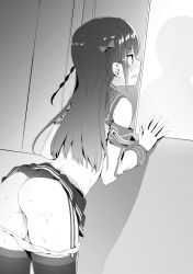 Rule 34 | 1girl, after anal, against wall, ass, bent over, bow, braid, character request, clenched teeth, clothes lift, detached sleeves, garter straps, greyscale, hair bow, highres, himekawa hayuru, hisasi, indoors, long hair, long sleeves, masou gakuen hxh, miniskirt, monochrome, novel illustration, official art, panties, panty pull, pleated skirt, pussy juice, sailor collar, school uniform, shirt, skirt, skirt lift, sleeveless, sleeveless shirt, solo, sweatdrop, teeth, thighhighs, underwear