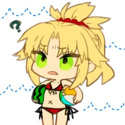 Rule 34 | 1girl, ?, ball, bare arms, bare shoulders, beachball, bikini, blonde hair, chibi, cowboy shot, fate/apocrypha, fate/grand order, fate (series), food, frown, fruit, furrowed brow, green eyes, holding, mordred (fate), mordred (fate) (all), mordred (fate/apocrypha), mordred (swimsuit rider) (fate), mordred (swimsuit rider) (first ascension) (fate), mozu 1oo, navel, parted lips, red bikini, scrunchie, side-tie bikini bottom, solo, standing, swimsuit, watermelon
