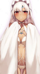 Rule 34 | 1girl, altera (fate), bare shoulders, bikini, breasts, c xj, collarbone, dark-skinned female, dark skin, fate/extella, fate/extra, fate/grand order, fate (series), full-body tattoo, grin, highres, large breasts, looking at viewer, lostroom outfit (fate), medium breasts, navel, red eyes, short hair, smile, solo, swimsuit, tattoo, thighs, veil, white bikini, white hair