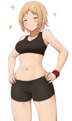 Rule 34 | 1girl, act (xadachit), alternate costume, bike shorts, blonde hair, blush, breasts, commission, girls&#039; frontline, hands on own hips, happy, highres, midriff, mp40 (girls&#039; frontline), navel, non-web source, playing sports, short hair, simple background, smile, solo, sparkle, sports bra, sweat, sweatband, toned, white background