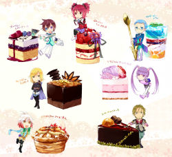 Rule 34 | 3girls, 4boys, arms behind back, asbel lhant, ascot, bad id, bad pixiv id, banana, beard, black legwear, blonde hair, blue eyes, blue hair, blue shirt, blueberry, brothers, brown eyes, brown hair, cake, cheria barnes, chibi, chocolate, chocolate cake, coat, facial hair, food, food focus, foodification, fruit, glasses, gloves, hand on own hip, heterochromia, hip focus, hubert ozwell, long hair, malik caesars, mousse (food), multicolored hair, multiple boys, multiple girls, pants, parfait, pascal (tales), pink hair, purple eyes, purple hair, purple skirt, red hair, richard (tales), scarf, sen nai, shirt, shoes, short hair, siblings, sitting, skirt, smile, sophie (tales), spoon, strawberry, strawberry shortcake, tales of (series), tales of graces, thighhighs, twintails, two-tone hair, two side up, white background, white hair, yellow eyes