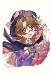 Rule 34 | 1girl, artist name, black cape, black hat, bow, breasts, brown eyes, brown hair, buttons, cape, collared shirt, dated, dress, glasses, gloves, hair between eyes, hat, hat bow, ichiko milk tei, long sleeves, looking at viewer, medium hair, open mouth, parted bangs, pink bow, pointing, portrait, print cape, purple dress, red-framed eyewear, red cape, shirt, shirt under dress, small breasts, smile, solo, touhou, two-sided cape, two-sided fabric, usami sumireko, wavy hair, white gloves, white shirt