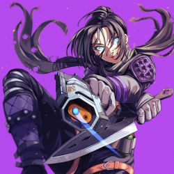 Rule 34 | 1girl, anemia kwus, animification, apex legends, b3 wingman, black scarf, blue eyes, bullet hole, dual wielding, floating hair, gun, hair behind ear, handgun, highres, holding, holding gun, holding knife, holding weapon, knee pads, knife, kunai, looking at viewer, parted lips, purple background, revolver, scarf, smile, solo, v-shaped eyebrows, weapon, wraith (apex legends)