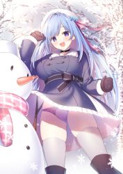 Rule 34 | 1girl, :d, blue hair, blush, boots, breasts, choker, coat, coat dress, day, emori miku, grey thighhighs, hair ornament, hairclip, hands up, heart, heart choker, highres, knee boots, large breasts, liver city, long hair, looking at viewer, miko (royal milk), mittens, open mouth, outdoors, panties, purple coat, purple eyes, purple panties, sash, skindentation, smile, snowing, snowman, solo, thighhighs, tree, underwear, very long hair