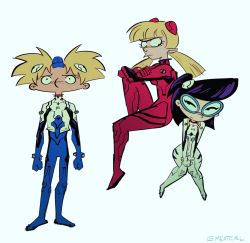 Rule 34 | 1boy, 2girls, absurdres, arnold (hey arnold!), ayanami rei (cosplay), blonde hair, blue bodysuit, blue headwear, bodysuit, clenched hands, closed mouth, commentary, cosplay, crossed arms, crossover, english commentary, full body, glasses, helga g pataki, hey arnold!, highres, ikari shinji, ikari shinji (cosplay), interface headset, knees together feet apart, blue background, looking at another, meatgiri, multiple girls, neon genesis evangelion, no mouth, phoebe heyerdahl, plugsuit, purple hair, red bodysuit, short hair, simple background, souryuu asuka langley (cosplay), white bodysuit