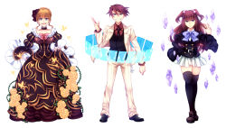 Rule 34 | 1boy, 2girls, armband, beatrice (umineko), black legwear, blonde hair, blue eyes, bow, bug, butterfly, choker, dress, flower, formal, grin, hair bobbles, hair bun, hair flower, hair ornament, hand on own hip, insect, jacket, jewelry, kakera, long hair, momofukki, multiple girls, necktie, no naku koro ni (series), open clothes, open jacket, open mouth, pink bow, plant, red flower, red hair, red rose, ring, rose, ryuukishi07, short hair, single hair bun, skirt hold, smile, suit, thighhighs, twintails, two side up, umineko no naku koro ni, ushiromiya ange, ushiromiya battler, vines, waistcoat, wide sleeves, yellow flower, yellow rose