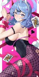 Rule 34 | 1girl, absurdres, ako (blue archive), animal ears, bare shoulders, black pantyhose, blue archive, blue eyes, blue hair, bound, breasts, card, fake animal ears, fake tail, fishnet pantyhose, fishnets, haerge, hair ornament, hairband, heart, heart hair ornament, highleg, highres, large breasts, leotard, looking at viewer, medium hair, pantyhose, pink background, pink ribbon, playboy bunny, playing card, queen (playing card), queen of clubs, rabbit ears, rabbit hole (vocaloid), rabbit tail, ribbon, solo, tail, teardrop, tied up (nonsexual), torn clothes, torn pantyhose, white hairband