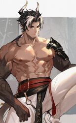 Rule 34 | 1boy, abs, absurdres, arknights, bamboo, bara, chong yue (arknights), dragon, dragon boy, dragon horns, dragon tail, highres, horns, jitanglidexiaoerc, looking at viewer, male focus, pants, pectorals, pointy ears, red eyes, solo, solo focus, tail, topless male, white pants