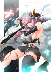 Rule 34 | 10s, 1girl, ahoge, bare shoulders, belt, black gloves, blue eyes, braid, breast hold, breasts, bug, butterfly, demon horns, draph, endou (zettai bluenoid), female focus, fingerless gloves, gloves, glowing, glowing butterfly, granblue fantasy, hair ornament, hair over one eye, heart, highres, holding, holding sword, holding weapon, horns, bug, large breasts, legs apart, light purple hair, long hair, looking at viewer, miniskirt, narmaya (granblue fantasy), open mouth, pink lips, pointy ears, sideboob, single braid, single thighhigh, skirt, sleeveless, smile, solo, sword, thigh strap, thighhighs, unsheathed, upskirt, weapon, zoom layer