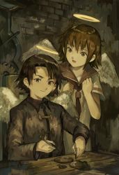 Rule 34 | 2girls, absurdres, androgynous, angel, angel wings, black hair, brick wall, brown eyes, brown hair, chair, chinese clothes, dress, feathers, gears, haibane renmei, halo, hands up, highres, holding, holding screwdriver, indoors, kana (haibane), kornod, long sleeves, multiple girls, neckerchief, pocket watch, rakka (haibane), red neckerchief, red sailor collar, reverse trap, sailor collar, sailor dress, screwdriver, short hair, sitting, smile, table, tangzhuang, toggles, unkempt, watch, white dress, white wings, wings