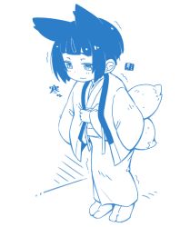 Rule 34 | 1girl, animal ears, blue theme, blush, closed mouth, commentary, fox ears, fox girl, fox tail, full body, japanese clothes, kimono, kukuri (mawaru), long sleeves, looking away, mawaru (mawaru), monochrome, no shoes, obi, open clothes, original, sash, short hair, solo, standing, symbol-only commentary, tabi, tail, translation request, trembling, wavy mouth, white background, wide sleeves