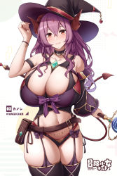 Rule 34 | 1girl, bare shoulders, belt, belt pouch, black choker, black hat, blush, breasts, brown belt, choker, cleavage, closed mouth, collarbone, commentary request, curled horns, curvy, detached sleeves, eyebrows hidden by hair, garter straps, hair between eyes, hand up, hat, head chain, highres, holding, holding clothes, holding hat, holding staff, horns, huge breasts, jewelry, kannko bokujou, long hair, looking at viewer, navel, original, pouch, purple eyes, purple sleeves, purple thighhighs, red eyes, revealing clothes, sidelocks, single detached sleeve, skindentation, smile, solo, staff, stomach, thighhighs, wavy hair, white background, witch hat