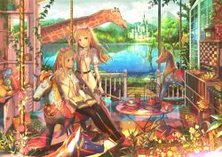 Rule 34 | 2girls, apple, bird, birdcage, blonde hair, book, bow, cage, castle, cat, cloud, cup, dress, epaulettes, flower, food, formal, fruit, fuzichoco, giraffe, grass, hair bow, highres, horse, lake, leaf, legs, mountain, multiple girls, original, pantyhose, pillow, plant, polka dot, potted plant, reflection, rocking horse, shoes, sky, stuffed animal, stuffed toy, suit, table, teacup, tree, vines