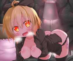 Rule 34 | 1girl, all fours, ass, black panties, black shirt, black thighhighs, blonde hair, blouse, bow, breast hold, breasts, butt crack, cleavage, collarbone, commentary request, dress shirt, egg vibrator, glowing, glowing eyes, hair bow, hanging breasts, heart, heart-shaped pupils, kurodani yamame, medium breasts, naked shirt, nipples, no bra, oden (th-inaba), on bed, open clothes, open mouth, open shirt, panties, panty pull, pussy juice, red eyes, sex toy, shirt, solo, sweat, symbol-shaped pupils, thighhighs, touhou, underwear, vibrator