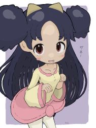 Rule 34 | 1girl, :d, absurdres, black hair, blush stickers, breasts, brown eyes, commentary request, creatures (company), dark-skinned female, dark skin, double bun, fang, forehead, game freak, hair bun, highres, iris (pokemon), leggings, long sleeves, looking at viewer, nintendo, open mouth, parted bangs, pink skirt, pokemon, pokemon bw, purple background, rururu (pyrk8855), shirt, skirt, small breasts, smile, solo, standing, translation request, two-tone background, white background, white leggings, wide sleeves, yellow shirt
