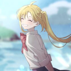 Rule 34 | 1girl, ahoge, arms behind back, blonde hair, blurry, blurry background, blush, bocchi the rock!, bow, bowtie, bush, closed eyes, collared shirt, commentary, day, depth of field, facing viewer, floating hair, from side, grey skirt, hair ornament, hair scrunchie, highres, ijichi nijika, blue background, long hair, mokemoke chan, open mouth, outdoors, pleated skirt, red bow, red bowtie, school uniform, scrunchie, shirt, side ponytail, skirt, sky, sleeves past elbows, sleeves rolled up, smile, solo, teeth, upper body, white shirt, wind, yellow scrunchie