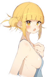 Rule 34 | 1girl, :o, absurdres, bare shoulders, blonde hair, blunt bangs, blush, boku no hero academia, breasts, from side, hair bun, hand on own chest, highres, looking at viewer, looking to the side, medium breasts, open mouth, rasusurasu, short hair, sideboob, sideless outfit, simple background, single side bun, sleeveless, solo, toga himiko, upper body, white background, yellow eyes