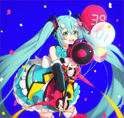 Rule 34 | 1girl, 39, :d, ahoge, balloon, bare shoulders, blue background, blue nails, blue skirt, blush, commentary, confetti, fingernails, frilled skirt, frills, green eyes, green hair, hair ornament, hakusai (tiahszld), hatsune miku, headphones, leaning forward, long hair, long sleeves, megaphone, nail polish, open mouth, shirt, sidelocks, skirt, sleeveless, sleeveless shirt, smile, solo, teeth, thighhighs, twintails, upper teeth only, very long hair, vocaloid, white shirt