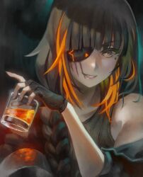 Rule 34 | 1girl, alcohol, bare shoulders, black gloves, black shirt, braid, brown eyes, brown hair, commentary, cup, eyepatch, fingerless gloves, girls&#039; frontline, glass, gloves, hair over shoulder, holding, holding cup, jacket, long hair, looking at viewer, m16a1 (girls&#039; frontline), mole, mole under eye, multicolored hair, off shoulder, orange hair, scar, scar on face, shirt, smile, solo, streaked hair, tank top, upper body, visqi, whiskey