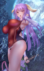 Rule 34 | 1girl, alternate costume, armpits, breasts, competition swimsuit, earrings, flower, full moon, hair ribbon, hand in own hair, highres, holding, holding sword, holding weapon, jewelry, large breasts, long hair, looking at viewer, moon, night, one-piece swimsuit, open mouth, outdoors, purple flower, purple hair, purple rose, red eyes, red one-piece swimsuit, ribbon, rose, shounen (hogehoge), solo, standing, swimsuit, sword, touhou, tree, watatsuki no yorihime, weapon, yellow ribbon