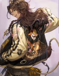 Rule 34 | 1boy, alternate costume, animal ears, badge, braid, brown hair, brown pants, chain, chain necklace, clothing cutout, commentary request, dark-skinned male, dark skin, disney, ear piercing, fashion, fringe trim, from behind, green eyes, hand in pocket, highres, jacket, leona kingscholar, lion boy, lion ears, lion tail, long hair, long sleeves, looking back, making-of available, male focus, necklace, nonomaro, o-ring, open mouth, pants, piercing, pocket, sakuramon, scar, scar (the lion king), scar across eye, scar on face, sideways mouth, solo, spikes, sukajan, tail, tail ornament, tail through clothes, the lion king, twisted wonderland, upper body, zipper