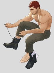Rule 34 | 1boy, abs, bara, barefoot, beard, biceps, boots, chest hair, closed eyes, dogandclover, facial hair, grey background, highres, large pectorals, leg hair, male focus, mature male, muscular, muscular male, original, pectoral cleavage, pectorals, puffy chest, red hair, smile, socks, topless male, yaoi