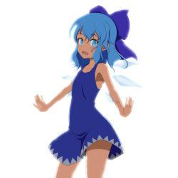 Rule 34 | 1girl, :d, adapted costume, armpits, bare arms, bare shoulders, blue eyes, blue hair, blush, bow, casual, cato (monocatienus), cirno, collarbone, cowboy shot, dress, hair bow, ice, ice wings, large bow, looking at viewer, matching hair/eyes, open mouth, outstretched arms, petite, short hair, smile, solo, sundress, team shanghai alice, touhou, tsurime, wavy hair, white background, wings