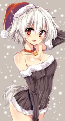 Rule 34 | 1girl, alternate costume, animal ears, bare shoulders, bell, blush, breasts, choker, christmas, cleavage, detached sleeves, hat, inubashiri momiji, large breasts, legs together, looking at viewer, maturiuta sorato, neck bell, open mouth, red eyes, santa hat, short hair, silver hair, solo, tail, touhou, wolf ears, wolf tail
