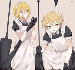 Rule 34 | 1boy, 1girl, apron, axe, black dress, black gloves, blonde hair, blood, blood on clothes, closed mouth, commentary request, don quixote (project moon), dress, empty eyes, gloves, grey background, highres, holding, holding axe, korean commentary, lance, limbus company, looking at viewer, love mintchoco, maid, maid headdress, parted lips, polearm, project moon, puffy short sleeves, puffy sleeves, short hair, short sleeves, simple background, sinclair (project moon), weapon, white apron, yellow eyes