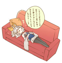 Rule 34 | 1girl, azur lane, bare shoulders, black pantyhose, chibi, collar, couch, closed eyes, flat chest, full body, grey hair, highres, hina (bird salty), kitakaze (azur lane), lying, off shoulder, on back, on couch, pantyhose, ponytail, short hair, sketch, solo, speech bubble, translation request