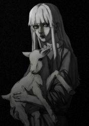 Rule 34 | 1306401359, 1boy, absurdres, animal, behelit, berserk, closed mouth, commentary, commentary request, contemporary, greyscale, griffith (berserk), highres, holding, holding animal, jewelry, lamb, long hair, looking at viewer, male focus, monochrome, necklace, sheep, solo, wavy hair, white hair